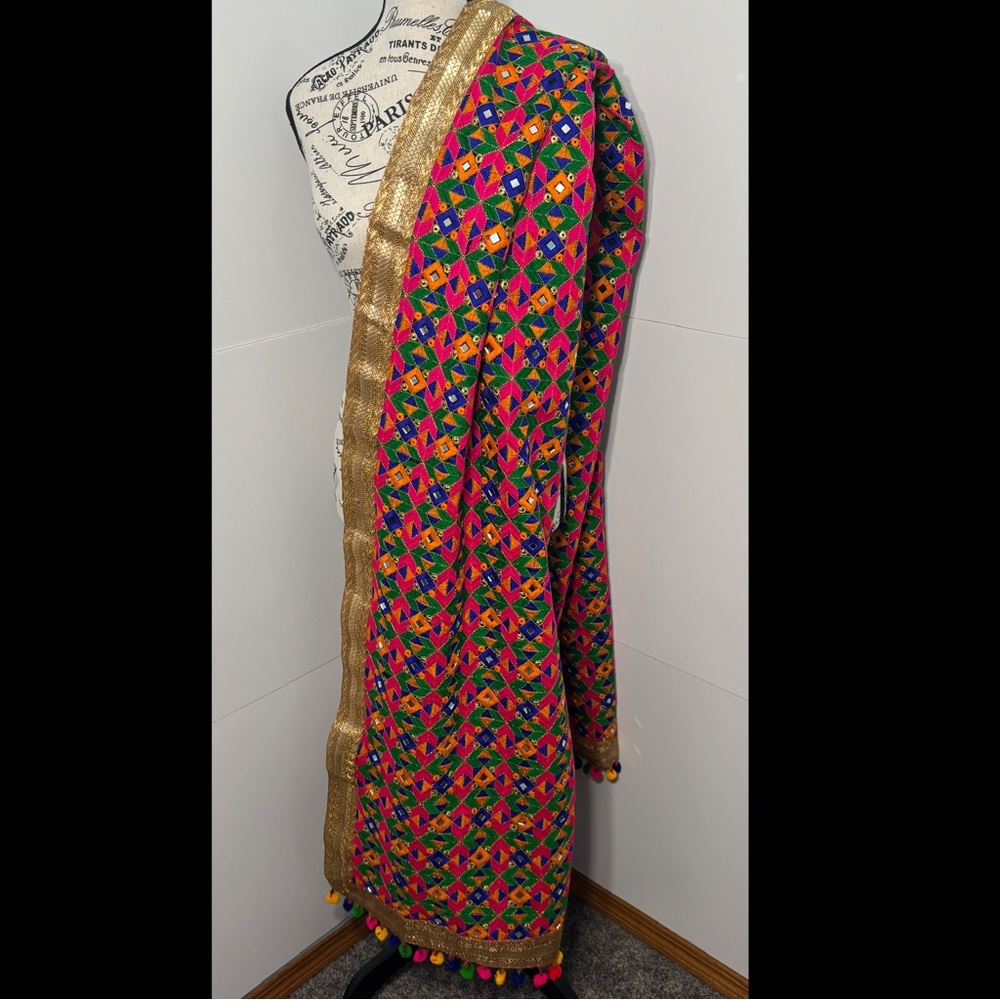 Multicolor Embroidered Dupatta with Mirror Accents Pom Poms Gold Trim Bollywood